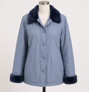 Vintage Blue Jacket with Faux Fur Collar Puffer Quilted Silk Blend Medium